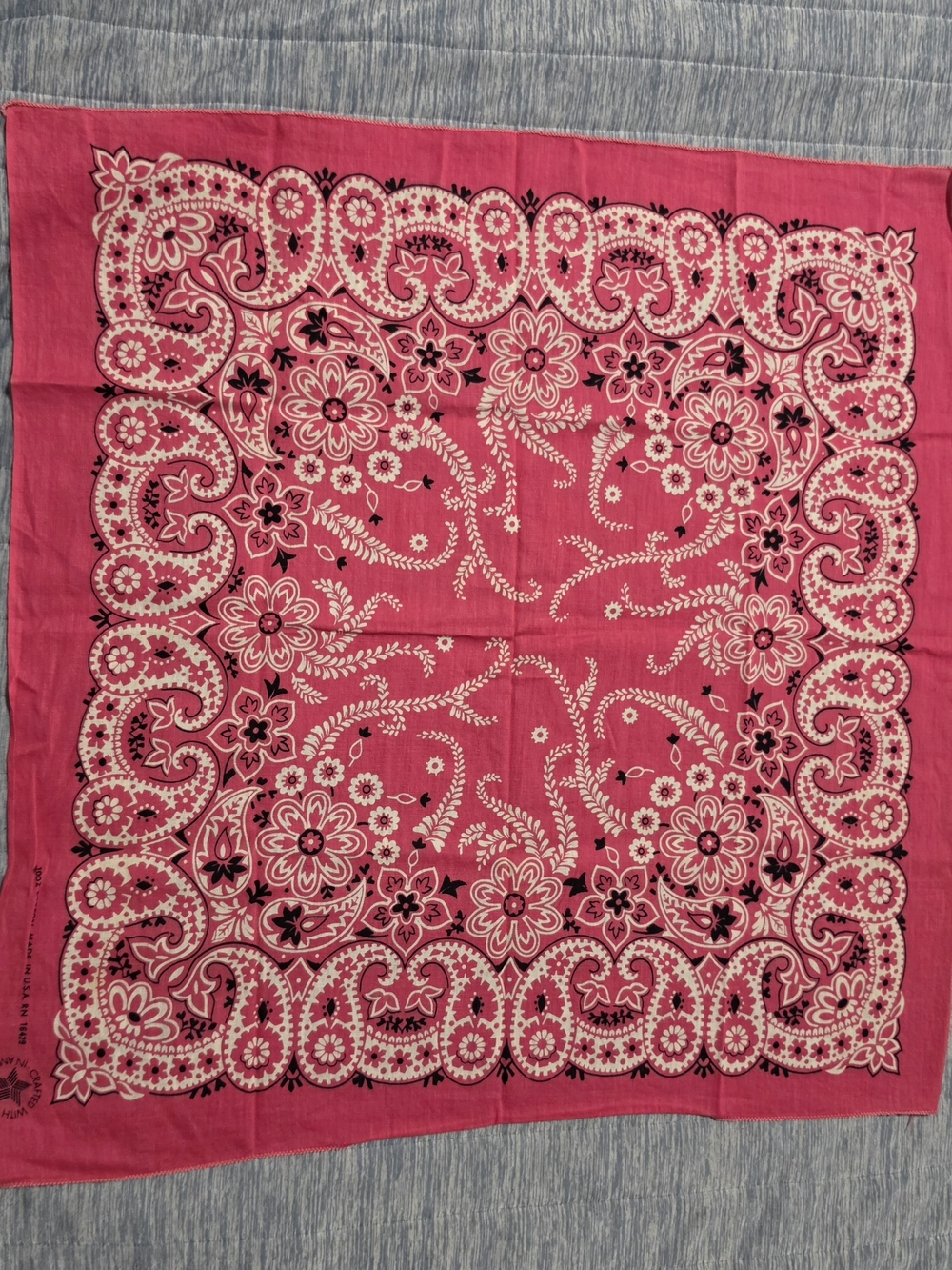 Vintage 1980s Pink Floral Paisley Bandana 100% Cotton Made USA RN 16429